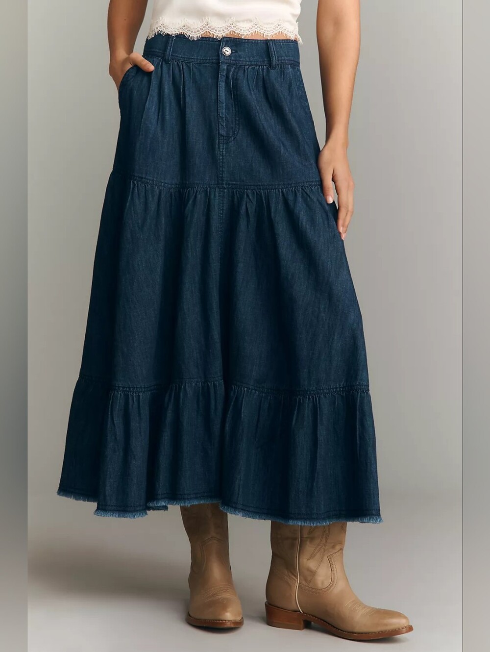 Pilcro 100% Cotton Dark Indigo Tiered Denim Maxi Skirt Size M